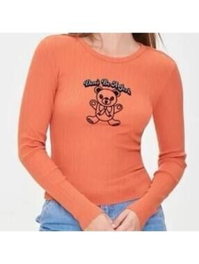 Forever 21 Bear Graphic Top Women Rust Ribbed Long Sleeve Tee - Size L